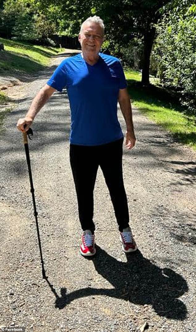 The Scottish-born singer also posted a snapshot of himself grinning from ear to ear as he walked along a nature trail with the aid of a cane.