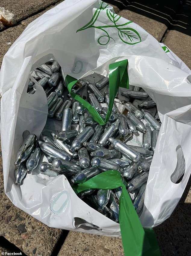 The group discovered a large number of small canisters of nitrous oxide, which are manufactured for pain and sedation for hospital use, but are also used illicitly to get a quick high.