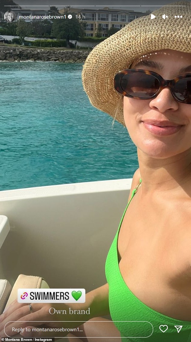 Glowing: She also posted a glowing selfie to her Instagram while enjoying a boat ride in a green one-shoulder bathing suit, sunhat, and sunglasses