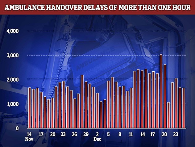 Ambulance handover delays peaked on December 19 with more than 3,000 patients forced to wait over an hour in the back of an emergency vehicle unable to be offloaded to a hospital bed