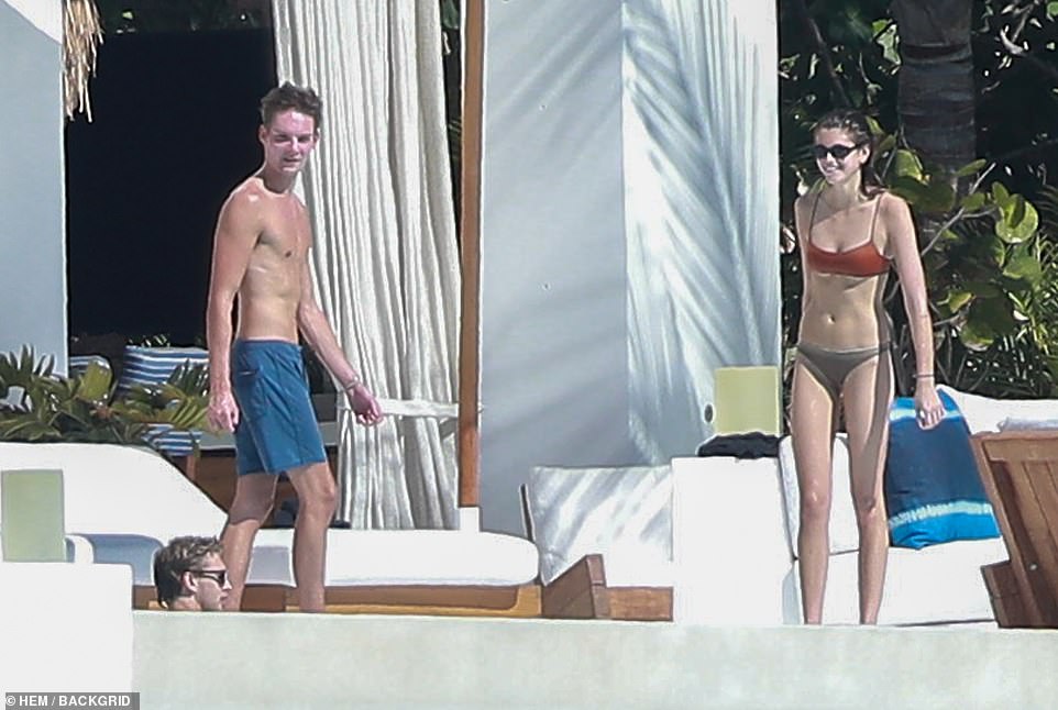 Fun in the sun: The Babylon actress and her boyfriend have been enjoying a vacation in Cabo San Lucas, Mexico with Kaia's parents Cindy Crawford and Rande Gerber, and brother Presley and his girlfriend