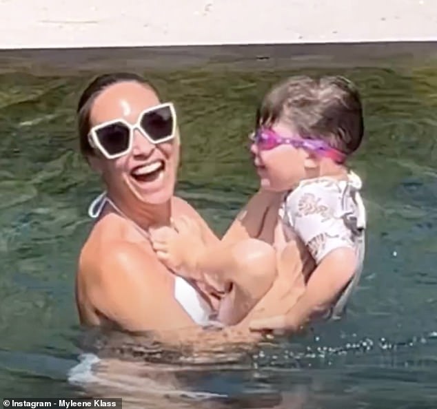 Sweet: Myleene has been sunbathing in the Maldives and shared a video showing her youngest son, Apollo, swimming unassisted in a small private pool