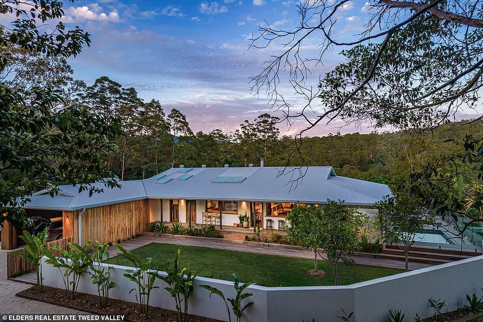 The bohemian-style hideaway is perched on a hill overlooking the lush landscape of the Tweed Valley and is located just south of the New South Wales/Queensland border.