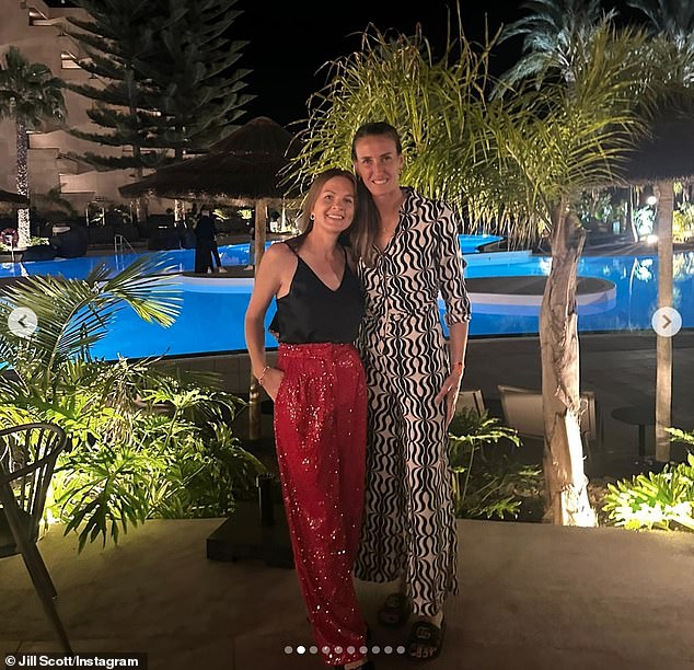 Night out: Other photos showed the couple dressed for a night out as they posed in front of the pool next to illuminated palm trees.