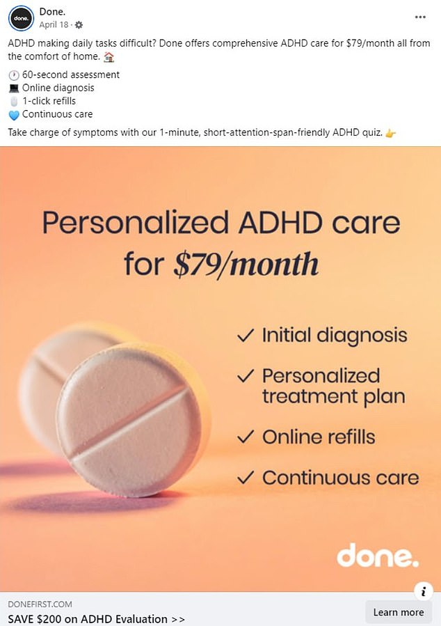 Telehealth company Done has run advertisements featuring images of pills and promising quick ADHD diagnoses