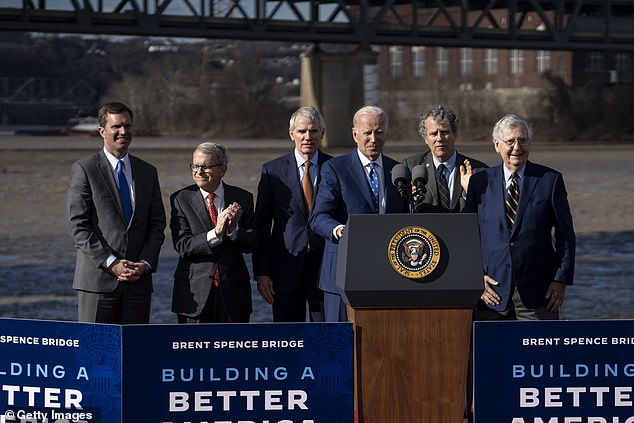 Big river: Biden appeared with Democrats and Republicans in Covington, Kentucky.  A trip to the border would fulfill a demand from Republican critics of him.  Here he appears on stage with Kentucky Governor Andy Beshear, Ohio Governor Mike DeWine, former Ohio Senator Rob Portman, Ohio Senator Sherod Brown and Senator Mitch McConnell.