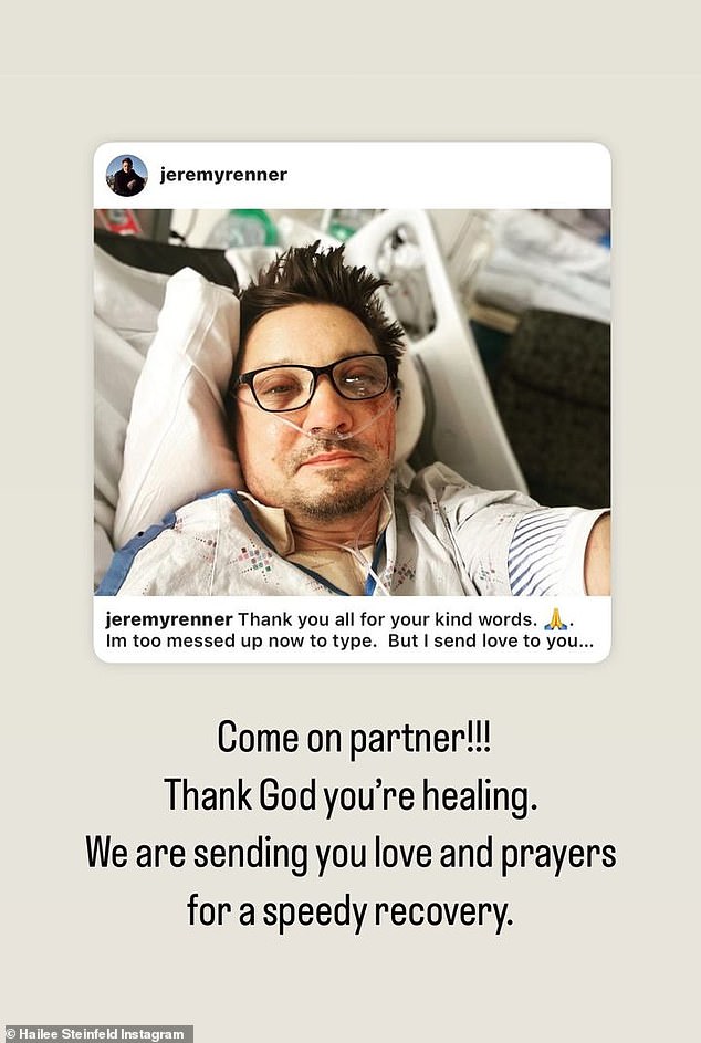 Sending love: Days after the actor, 51, suffered blunt chest trauma and orthopedic injuries from a horrific snowplow accident, his Hawkeye co-star, 26, reacted to the news on his Instagram Story