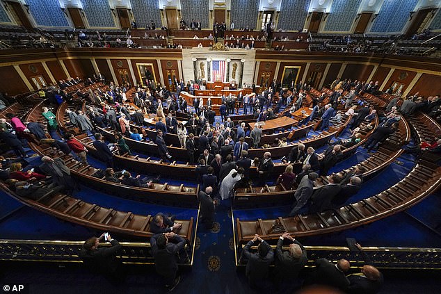 Members speak in the House chamber as the House meets for a second day to elect a speaker and convene the 118th Congress in Washington, Wednesday, January 4, 2023.