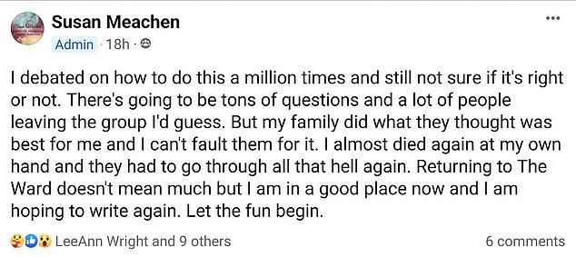 On Monday, author Susan Meachen's Facebook account posted to a private fan group that she claimed her family had faked her death while she was in a mental health crisis.