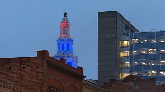 Mayor Bryon Brown had Buffalo City Hall display the red and blue colors of the Bills on Tuesday.