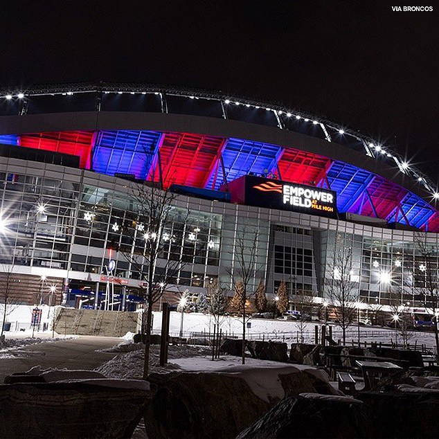 A snow-covered Empower Field at Mile High, home of the Denver Broncos, also paid tribute to Hamlin.