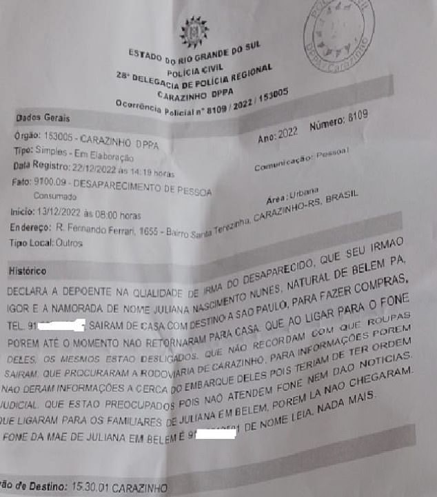 Police report submitted by the family of Igor dos Santos, who reported him and his wife missing before discovering that the couple were sitting in a Lebanese jail on drug trafficking charges.