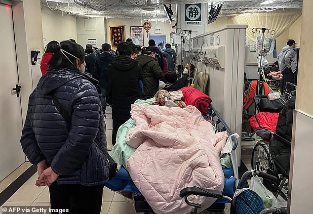 A patient receives treatment on a bed in a corridor in the emergency department of a hospital in Beijing on January 3, 2023.