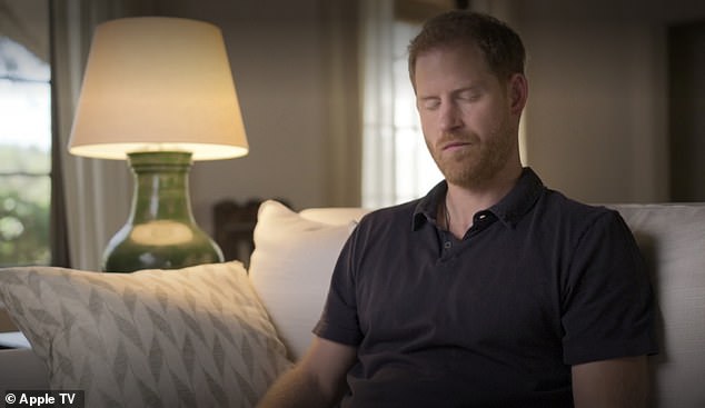 The Duke of Sussex closes his eyes during a therapy session featured in an Apple TV documentary series