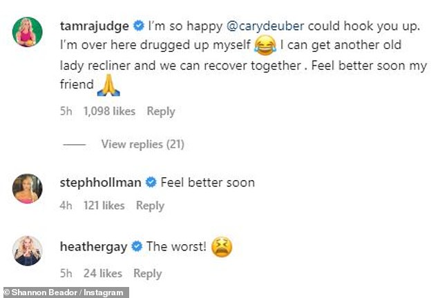 Tamra comments: Judge commented on the post: 'So happy @carlydeuber was able to hook you up.  I'm here drugged myself.  I can get another old lady recliner and we can recuperate together.  Feel better soon my friend'