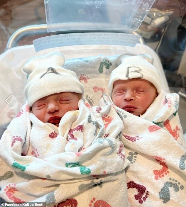 The twins, who arrived two weeks early, were healthy and weighed 5 pounds, 5 ounces.