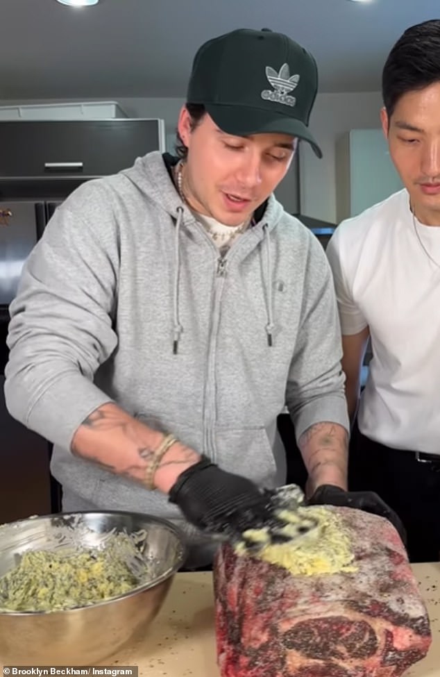 Baking It Up: Brooklyn started by brushing the massive roasting joint with two slabs of butter, garlic, and herbs before popping it in the oven.