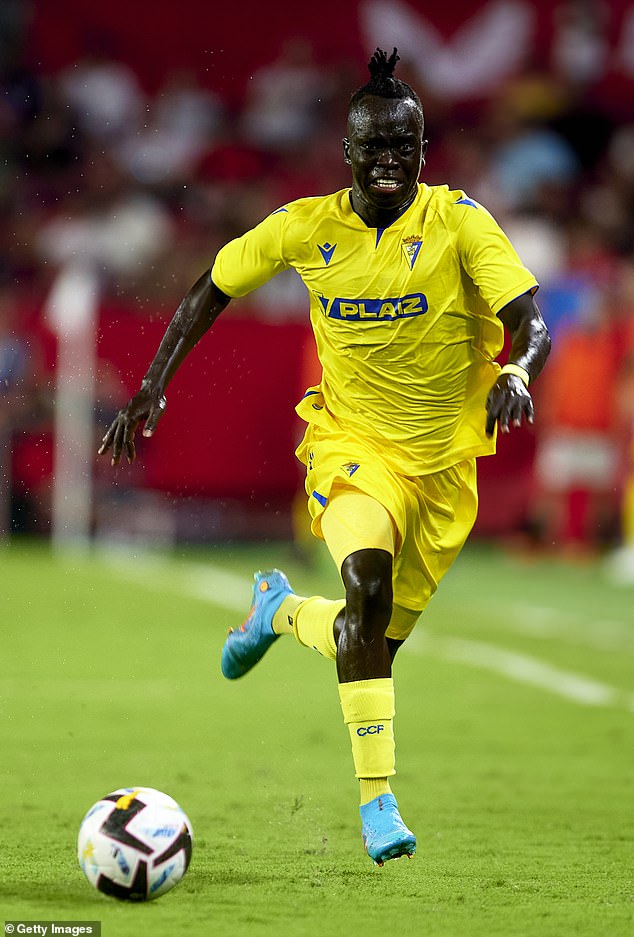 Mabil (pictured playing for Cadiz) will join his former FC Midtjylland manager Brian Prisk at Sparta and hopes to return to his best form there.