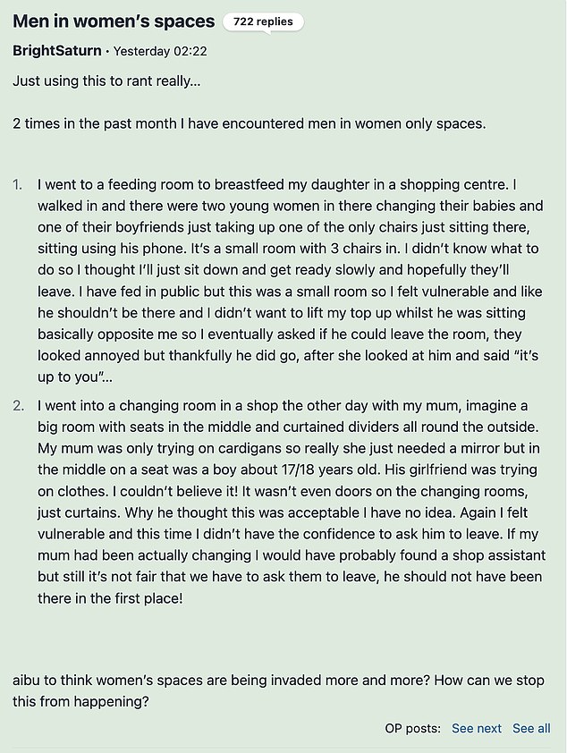 In her post, the anonymous woman spoke about two recent situations where men were using spaces that she felt should only be used by women.