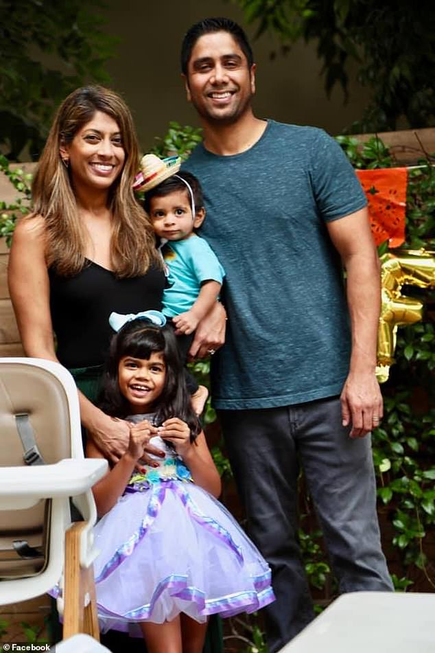 Patel is accused of intentionally driving his white Tesla Model Y off a cliff known as Devil's Slide near San Francisco on Monday during a trip north.  Miraculously, all four family members, Patel, his wife Neha, and their four-year-old and seven-year-old children (pictured together), survived without serious injury.