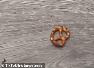 The TikTok video also focused on a pretzel (pictured) that was left on the ground.