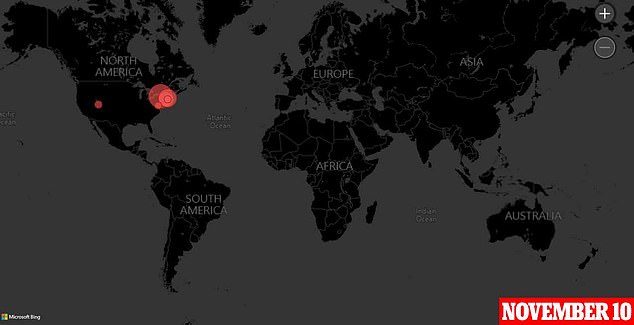 The map shows where cases of XBB.1.5 had been detected by November 10