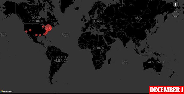 The map shows where cases of XBB.1.5 had been detected by December 1