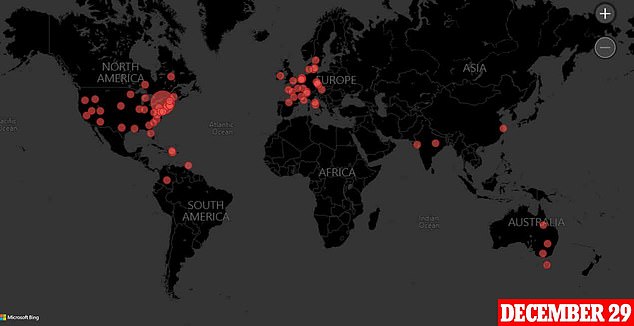 The map shows where cases of XBB.1.5 had been detected by December 29