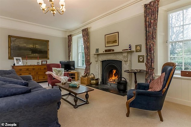 The interior of the main house includes a comfortable living room with a large fireplace