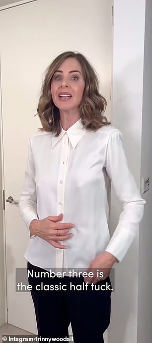 Lengthening: Trinny tucked shirt half into her pants, revealing: 'Shows leg length'