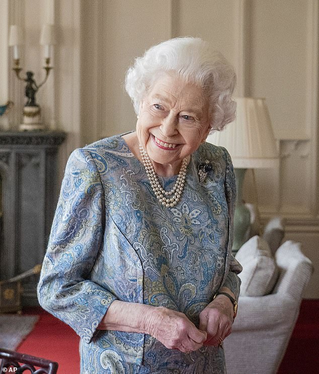 Queen Elizabeth smiled as she received Swiss President Ignazio Cassis during an audience at Windsor Castle in April 2022.