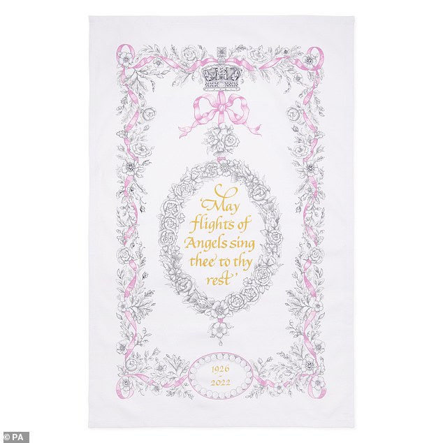 The Royal Collection Trust tea towel, which costs £10.95, is part of the official porcelain range to commemorate the life of Queen Elizabeth.