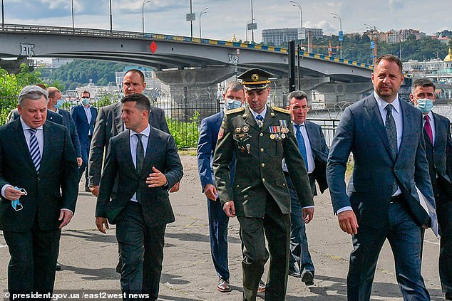 Budanov, who is the Main Intelligence Directorate of the Ukrainian Defense Ministry, spoke about the ongoing war and the Russian leader.  Pictured: Major General Kyrylo Budanov (2nd right) with Ukrainian President Volodymyr Zelensky (2nd left), undated