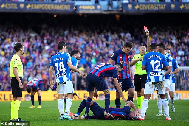 Lahoz also sent off two players, including Espanyol's Vinicius Souza.