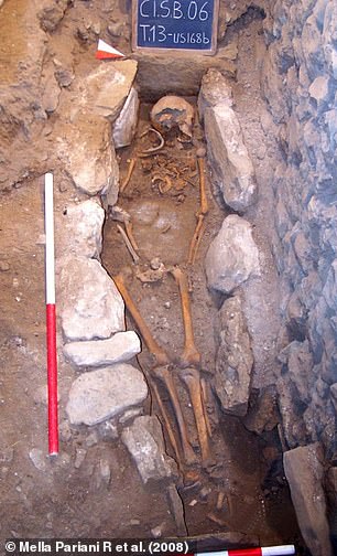 In 2006, the skeleton of a decapitated male (pictured) was located in a tomb near its entrance, which was built in the 11th century