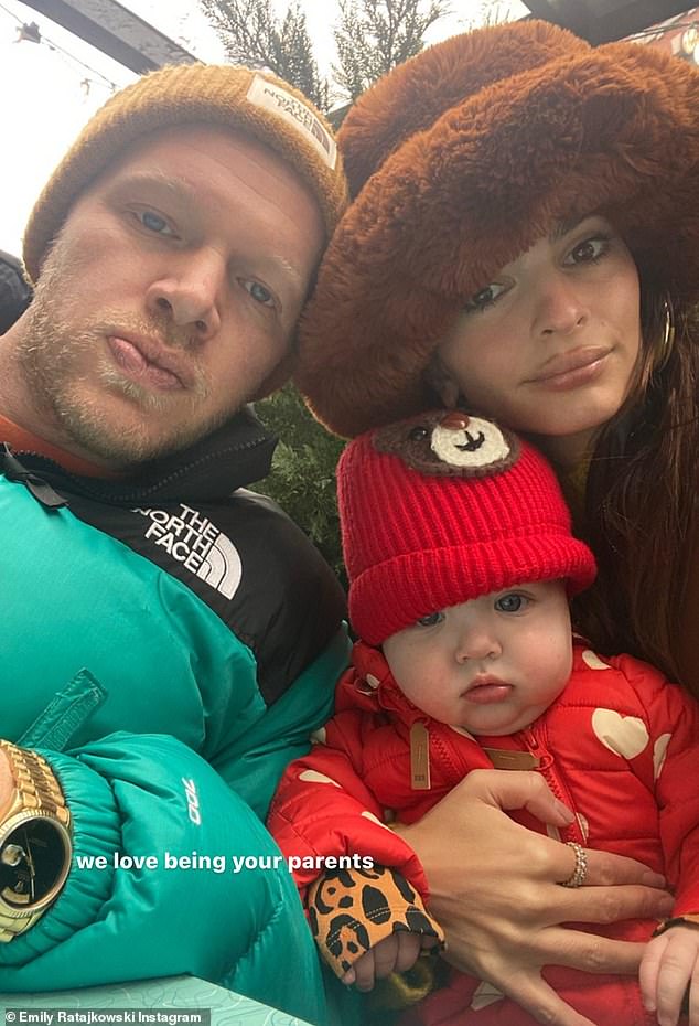 Family: Exes Emily and Sebastian are pictured with their adorable son Sylvester, who was born last fall