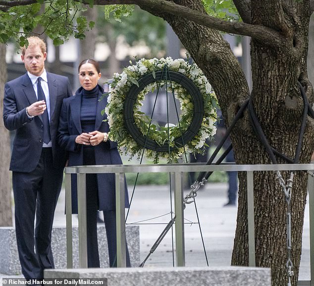 Prince Harry and Meghan Markle paid their respects in a wreath by the surviving tree at the 9/11 Memorial & Museum in September 2021, marking the 20th anniversary of the attacks.