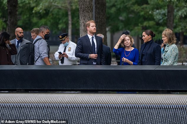 Harry and Meghan were shown the South Tower pool moments after visiting the adjoining North Tower memorial pool.  Pictured: September 2021