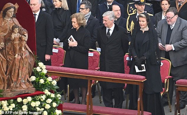 Also in attendance was Queen Sofia of Spain (pictured on the left, front row), who seemed reflective