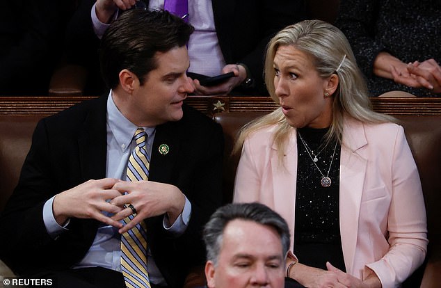 Firebrand GOP Reps. Matt Gaetz of Florida and Marjorie Taylor Greene of Georgia were seen sitting next to each other, despite their public break over McCarthy's Speakership bid