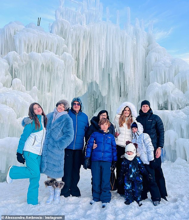 Extra snowy: Her family ventured out to ice castles in Wasatch County, Utah, where the model dressed in an oversized furry coat and snow boots