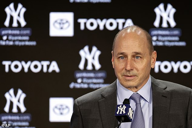 New York Yankees general manager Brian Cashman speaks during his baseball news conference at Yankee Stadium.