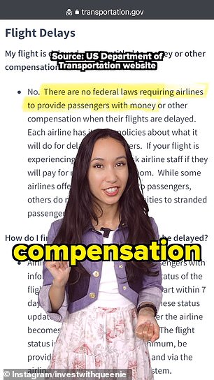 She said the United States does not have a federal law that requires airlines to compensate passengers on canceled or delayed flights.