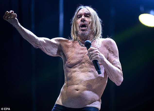 Iggy no longer dives on stage, rolls over broken glass or slathers himself in peanut butter, like he did when he fronted his old band.  Pictured: Iggy performing at the Venoge Festival in Penthaz, Switzerland, last August.