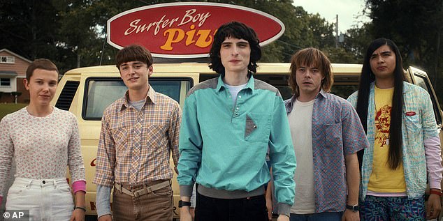 The cast of their hit show: From left to right, Millie Bobby Brown as Eleven, Schnapp as Will Byers, Finn Wolfhard as Mike Wheeler, Charlie Heaton as Jonathan Byers, and Eduardo Franco as Argyle on Stranger Things.