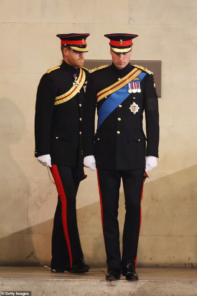 Harry claims William said Meghan was rude in a shouting match (Pictured: Harry and William arrive to hold a vigil for the Queen last year)