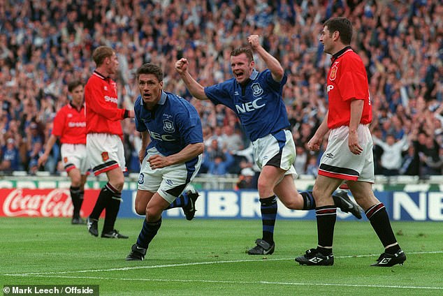 Rideout celebrates scoring the goal that gave Everton their last trophy in 1995