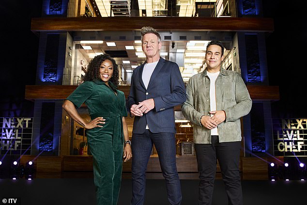 Uh oh: Meanwhile, Gordon opened up on his new TV show Next Level Chef, where he said his swearing was not only directed at the contestants, but also at his fellow judges (pictured with Nyesha Arrington and Paul Ainsworth)