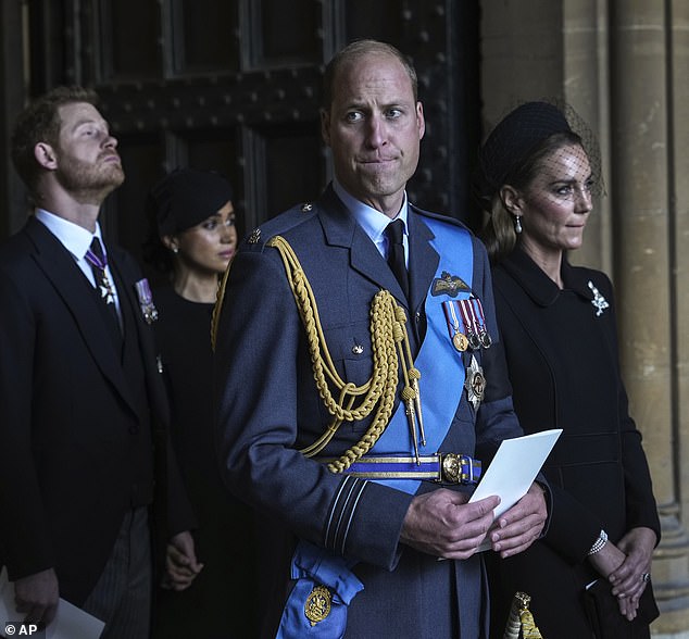 Prince William with his wife Kate, with the Duke and Duchess of Sussex behind, at Queen Elizabeth II's funeral.