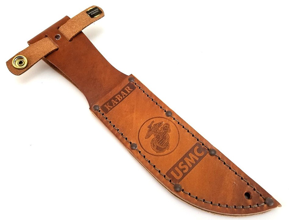 The documents describe a tan leather knife sheath with a snap button and the insignia 'KA-BAR' and USMC' that was found at the scene.  Above, a similar holster that is available to buy online on eBay